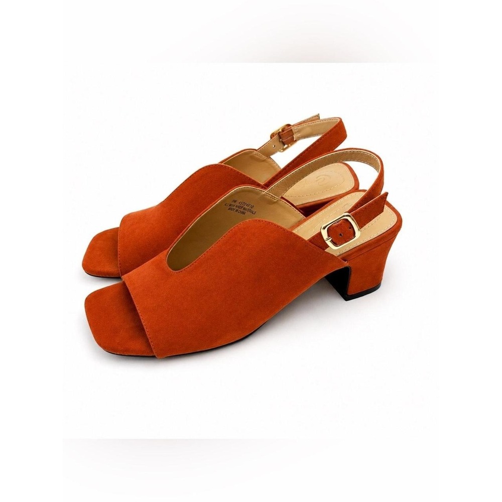 Orange Faux Suede Block Heel Open Square Toe Slingback Cutout Sandals Size 9